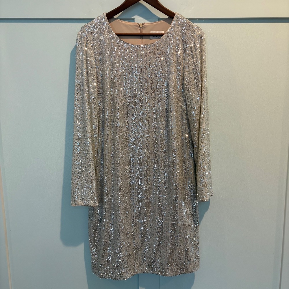 Eliza J Silver Sequin Long Sleeve Shift Dress